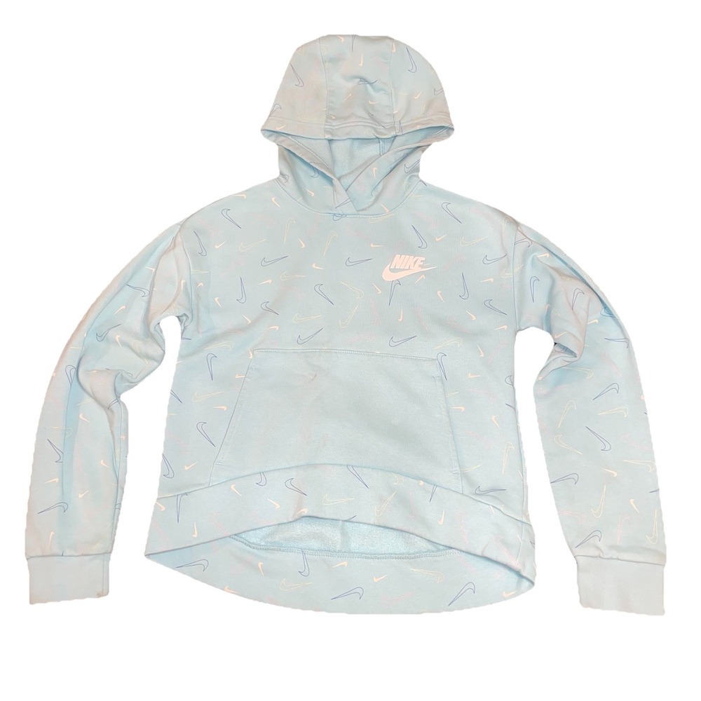 Nike Sportswear All Over Print Light Blue Girls Size Large Pullover Hoodie